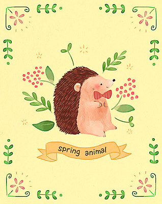 PSD 한마리 계절 꽃 포스터 일러스트 나뭇잎 사람없음 봄 고슴도치 국내일러스트 식물 1 잎 포유류 파일형식