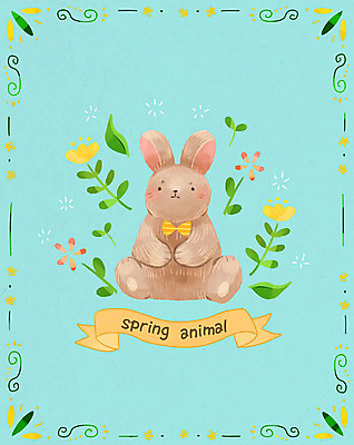 PSD 동물 한마리 계절 꽃 포스터 일러스트 나뭇잎 사람없음 봄 토끼 국내일러스트 식물 1 잎 포유류 반려동물 파일형식