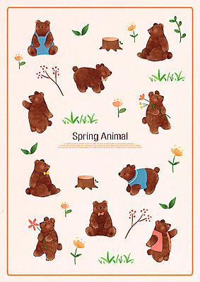 PSD 계절 꽃 패턴 여러마리 일러스트 곰 사람없음 봄 나뭇가지 나무밑둥 국내일러스트 나무 식물 동물 다수 무늬 포유류 파일형식