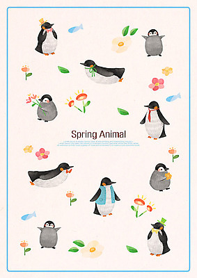 PSD 계절 꽃 패턴 여러마리 일러스트 어류 사람없음 봄 펭귄 국내일러스트 식물 다수 무늬 조류 수중동물 파일형식