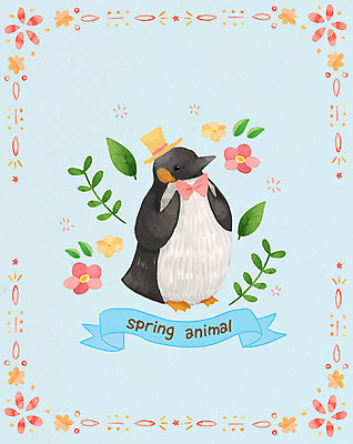 PSD 한마리 계절 꽃 포스터 일러스트 나뭇잎 사람없음 봄 펭귄 국내일러스트 식물 1 잎 조류 파일형식