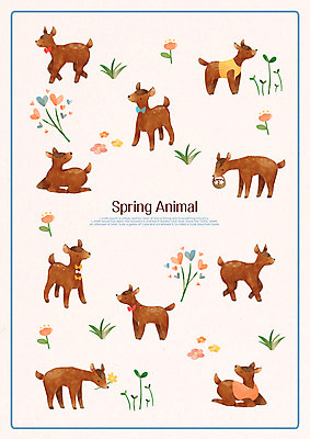 PSD 계절 꽃 패턴 여러마리 일러스트 사슴 나뭇잎 사람없음 봄 하트 국내일러스트 모양 식물 다수 잎 무늬 포유류 파일형식