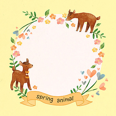 PSD 계절 꽃 두마리 일러스트 사슴 나뭇잎 프레임 사람없음 봄 하트 프레임일러스트 국내일러스트 모양 식물 잎 2 포유류 파일형식