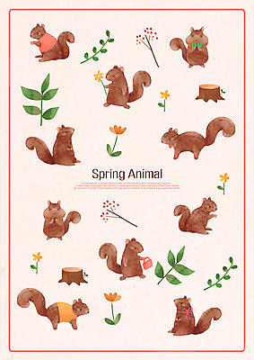 PSD 계절 꽃 패턴 여러마리 일러스트 나뭇잎 사람없음 봄 다람쥐 나무밑둥 국내일러스트 나무 식물 다수 잎 무늬 설치류 파일형식