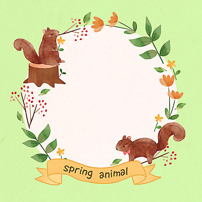 PSD 계절 열매 꽃 두마리 일러스트 나뭇잎 프레임 사람없음 봄 다람쥐 프레임일러스트 국내일러스트 식물 잎 2 설치류 파일형식