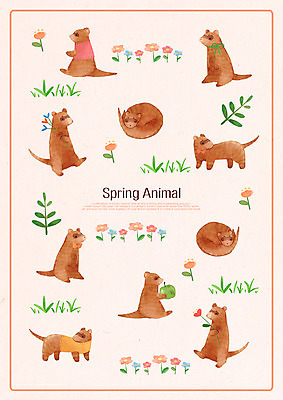 PSD 동물 계절 꽃 패턴 여러마리 일러스트 나뭇잎 사람없음 봄 족제비 국내일러스트 식물 다수 잎 무늬 포유류 파일형식