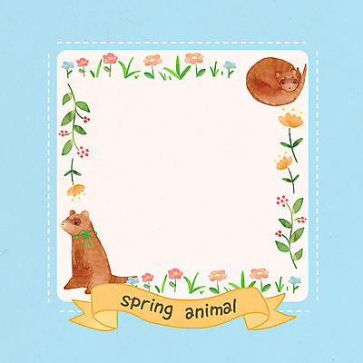 PSD 계절 꽃 두마리 일러스트 나뭇잎 프레임 사람없음 봄 족제비 프레임일러스트 국내일러스트 식물 잎 2 포유류 파일형식