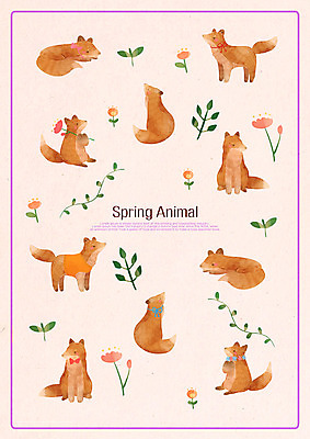 PSD 계절 꽃 패턴 여러마리 일러스트 나뭇잎 사람없음 봄 여우 국내일러스트 식물 다수 잎 무늬 포유류 파일형식