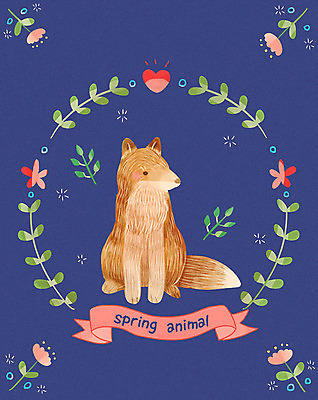 PSD 한마리 계절 꽃 포스터 일러스트 나뭇잎 사람없음 봄 하트 여우 국내일러스트 모양 식물 1 잎 포유류 파일형식