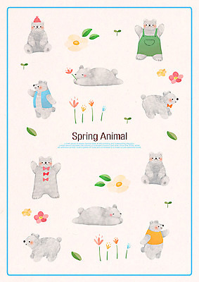 PSD 계절 꽃 패턴 여러마리 일러스트 나뭇잎 사람없음 봄 백곰 국내일러스트 식물 다수 잎 무늬 곰 파일형식