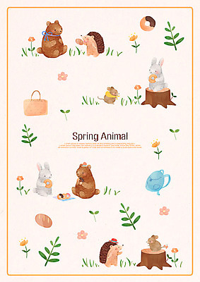 PSD 계절 꽃 패턴 가방 여러마리 일러스트 곰 나뭇잎 사람없음 소풍 봄 토끼 도넛 쥐 고슴도치 국내일러스트 식물 동물 잡화 다수 잎 무늬 포유류 디저트 반려동물 야외활동 설치류 파일형식