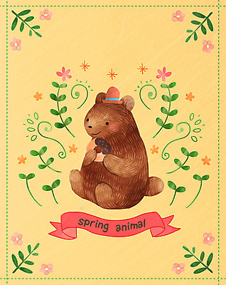 PSD 한마리 계절 꽃 포스터 일러스트 곰 나뭇잎 사람없음 봄 국내일러스트 식물 동물 1 잎 포유류 파일형식