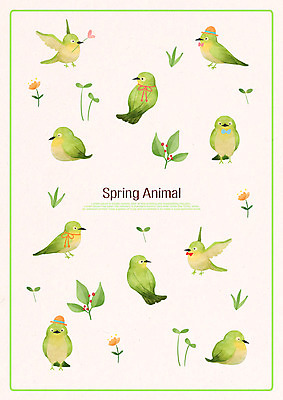 PSD 계절 꽃 패턴 여러마리 일러스트 조류 나뭇잎 사람없음 봄 국내일러스트 식물 동물 다수 잎 무늬 파일형식