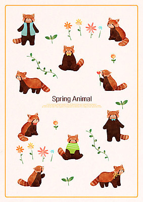 PSD 계절 꽃 패턴 여러마리 일러스트 나뭇잎 사람없음 봄 레서판다 국내일러스트 식물 다수 잎 무늬 포유류 파일형식