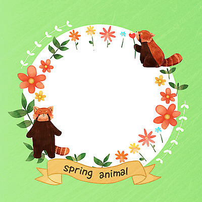 PSD 계절 꽃 두마리 일러스트 나뭇잎 프레임 사람없음 봄 레서판다 프레임일러스트 국내일러스트 식물 잎 2 포유류 파일형식