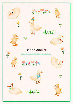 PSD 계절 꽃 패턴 여러마리 일러스트 나뭇잎 오리 사람없음 봄 국내일러스트 식물 다수 잎 무늬 조류 파일형식