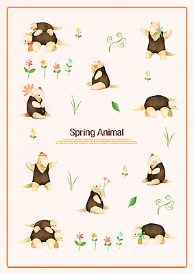 PSD 계절 꽃 패턴 여러마리 일러스트 나뭇잎 사람없음 봄 개미핥기 국내일러스트 식물 다수 잎 무늬 포유류 파일형식