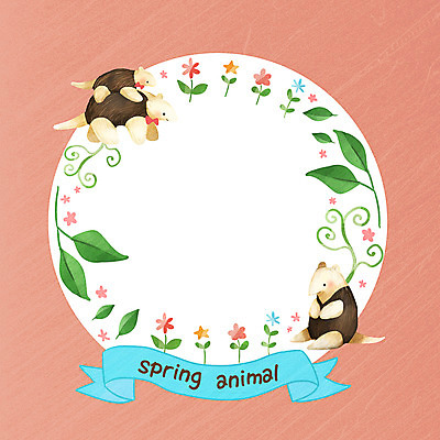 PSD 계절 꽃 일러스트 나뭇잎 프레임 세마리 사람없음 봄 개미핥기 프레임일러스트 국내일러스트 식물 잎 포유류 3 파일형식