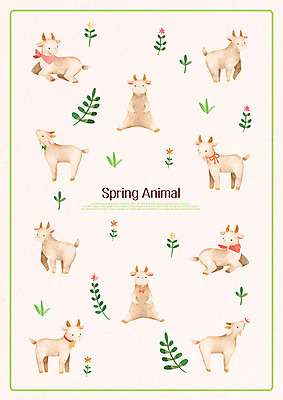 PSD 계절 꽃 패턴 여러마리 일러스트 나뭇잎 염소 사람없음 봄 국내일러스트 식물 다수 잎 무늬 포유류 파일형식