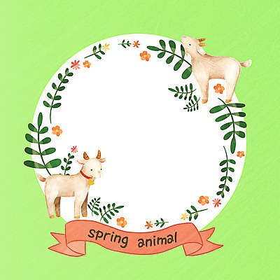 PSD 계절 꽃 두마리 일러스트 나뭇잎 염소 프레임 사람없음 봄 프레임일러스트 국내일러스트 식물 잎 2 포유류 파일형식