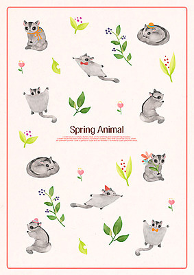 PSD 계절 꽃 패턴 여러마리 일러스트 나뭇잎 사람없음 봄 하늘다람쥐 국내일러스트 식물 다수 잎 무늬 다람쥐 파일형식