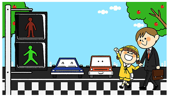 전신 PSD 여자 교육 남자 딸 어린이 교통 일러스트 자동차 안전 성인 두명 손들기 손잡기 아빠 횡단보도 신호등 교통안전 청신호 스쿨존 국내일러스트 육상교통 가족 모션 사람 보행로 파일형식