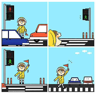 전신 PSD 여자 교육 어린이 교통 일러스트 자동차 들기 안전 여러명 상반신 깃발 횡단보도 신호등 교통안전 방법 스쿨존 매뉴얼 국내일러스트 육상교통 다수 모션 사람 보행로 파일형식