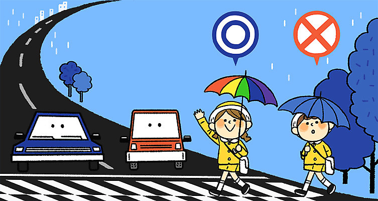 전신 PSD 여자 교육 남자 어린이 교통 일러스트 우산 자동차 안전 두명 비 횡단보도 교통안전 사고방지 스쿨존 국내일러스트 자연요소 육상교통 날씨 사람 보행로 예방 파일형식