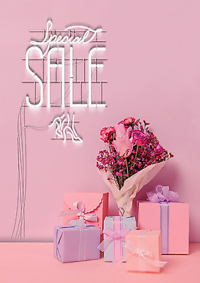 PSD 분홍색 꽃다발 일러스트 선물 타이포그라피 사람없음 선물상자 세일 네온 네온아트 국내일러스트 문자 꽃 컬러 상자 파일형식