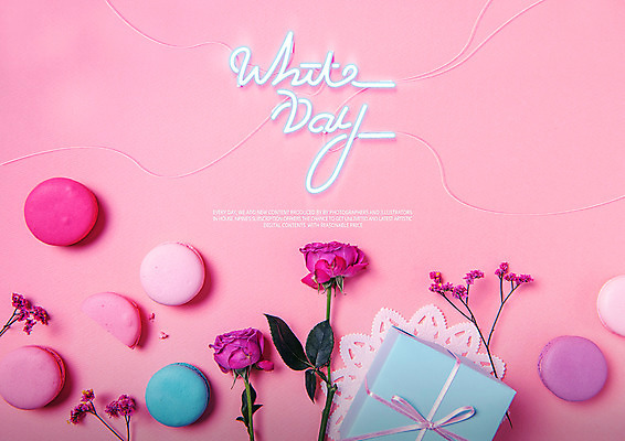 PSD 꽃 분홍색 일러스트 화이트데이 선물 타이포그라피 사람없음 네온 마카롱 네온아트 국내일러스트 식물 문자 컬러 데이이벤트 디저트 파일형식