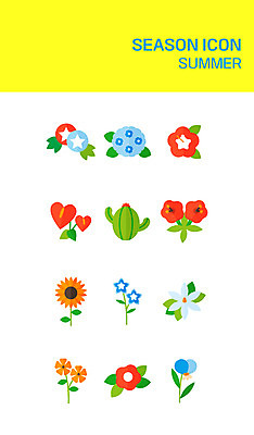 아이콘 꽃 해바라기 선인장 사람없음 여름 세트 플랫 플랫아이콘 나팔꽃 수국 히비스커스 2D아이콘 AI파일 식물 계절 파일형식 벡터