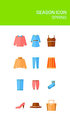 아이콘 모자 옷 원피스 패션 구두 티셔츠 가방 바지 양말 사람없음 세트 치마 봄 플랫 플랫아이콘 2D아이콘 AI파일 잡화 계절 신발 셔츠 하의 파일형식 벡터