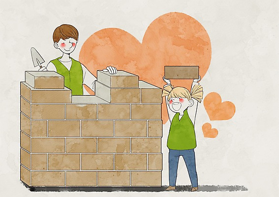 전신 PSD 여자 남자 어린이 일러스트 벽돌 사랑 상반신 성인 두명 담장 하트 봉사 자원봉사자 시멘트 보수공사 국내일러스트 모양 감정 사람 도움 파일형식