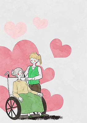 전신 PSD 여자 노년 일러스트 사랑 성인 두명 하트 봉사 자원봉사자 휠체어 국내일러스트 모양 감정 사람 도움 파일형식