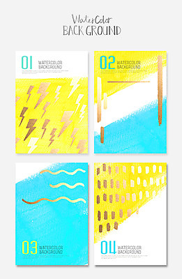 PSD 종이 컬러 하늘색 백그라운드 일러스트 붓터치 수채화 사람없음 노란색 물감 질감 금박 국내일러스트 파란색 미술도구 파일형식