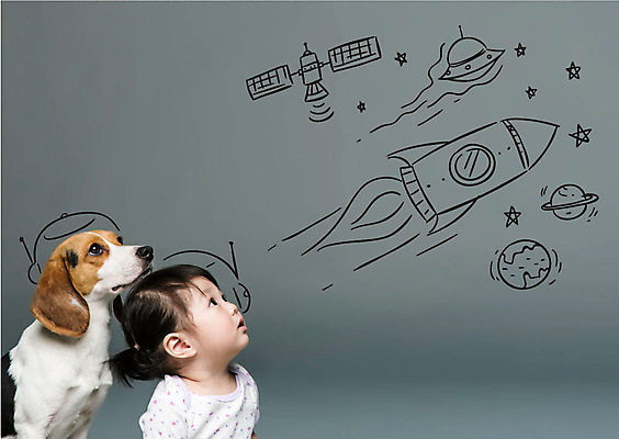 편집이미지 한마리 응시 여자 별 한명 상반신 옆모습 행성 한국인 인공위성 로켓 아기 개 우주선 비글 여자아기한명만 이미지편집 AI파일 자연요소 1 시선 뷰포인트 통신 포유류 사람 동양인 우주 여자한명만 여자아기만 파일형식 벡터