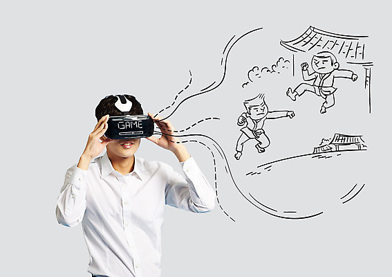 편집이미지 남자 서기 웃음 상반신 성인 앞모습 세명 한국인 게임 태권도 가상현실 오큘러스 VR기기 이미지편집 AI파일 뷰포인트 모션 놀이 표정 사람 동양인 기계 격투기 파일형식 벡터