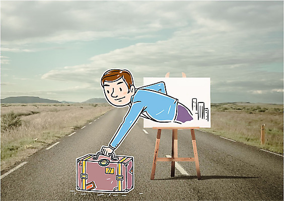 주간 편집이미지 남자 도로 한명 성인 야외 여행가방 잡기 이젤 캔버스 이미지편집 AI파일 자연요소 1 길 가방 교통시설 모션 사람 미술도구 파일형식 벡터