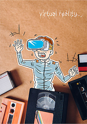 편집이미지 남자 한명 성인 카세트테이프 빈티지 비교 비디오테이프 가상현실 오큘러스 VR기기 이미지편집 AI파일 1 컨셉 사람 기계 파일형식 벡터