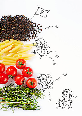 편집이미지 남자 돈 방울토마토 사람 세명 깃발 화폐기호 돈자루 허브 난쟁이 통후추 파스타면 이미지편집 AI파일 식물 기호 토마토 파스타 면류 재산 화폐 후추 파일형식 벡터