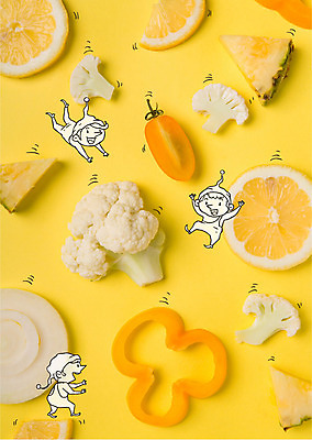 편집이미지 남자 토마토 양파 파프리카 사람 세명 노란색 브로콜리 레몬 파인애플 난쟁이 이미지편집 AI파일 컬러 채소 과일 열대과일 파일형식 벡터