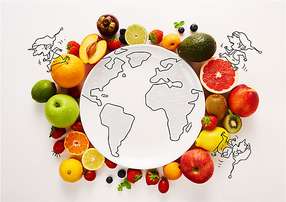 편집이미지 접시 남자 세계지도 지도 오렌지 과일 딸기 귤 키위 사람 세명 사과 레몬 자몽 블루베리 복숭아 망고 아보카도 난쟁이 이미지편집 AI파일 식기 세계 열대과일 파일형식 벡터