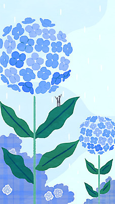 PSD 꽃 하늘색 일러스트 사람모양 비 수국 국내일러스트 자연요소 모양 식물 날씨 파란색 파일형식