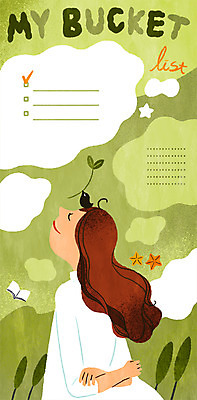 PSD 구름 여자 생각 일러스트 조류 하늘 프레임 한명 20대 성인 새싹 희망 목표 리스트 프레임일러스트 버킷리스트 국내일러스트 자연요소 식물 동물 1 감정 컨셉 사람 청년 파일형식