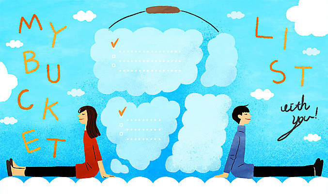 PSD 구름 여자 남자 일러스트 프레임 20대 성인 두명 친구 희망 양동이 리스트 프레임일러스트 버킷리스트 국내일러스트 자연요소 감정 관계 사람 청년 파일형식