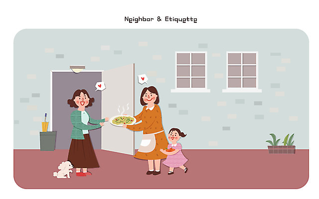 여자 화분 어린이 음식 일러스트 창문 요리 성인 세명 인사 개 부침개 이웃 정 국내일러스트 AI파일 한식 포유류 사람 예절 파일형식 벡터