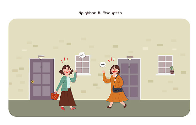 여자 일러스트 창문 성인 두명 문 인사 골목길 장바구니 이웃 국내일러스트 AI파일 길 사람 쇼핑 바구니 예절 파일형식 벡터