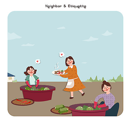 여자 일러스트 고추 김치 성인 세명 마을 배추 고무장갑 보쌈 김장 이웃 수육 국내일러스트 AI파일 한식 장갑 채소 사람 고무 파일형식 벡터