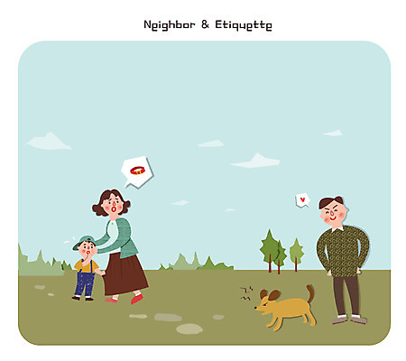 공원 여자 남자 반려견 어린이 일러스트 성인 세명 반려동물 산책 개 위협 목줄 이웃 로드에티켓 펫티켓 국내일러스트 AI파일 동물 공공시설 포유류 휴식 사람 예절 파일형식 벡터 반려용품