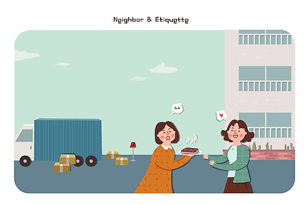 여자 일러스트 아파트 떡 성인 두명 상자 트럭 이사 이삿짐 이웃 시루떡 국내일러스트 AI파일 자동차 주택 사람 파일형식 벡터